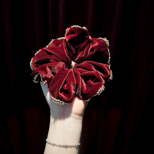 ECHO丨亚历山法式高级感酒红色钉珠丝绒大肠发圈大号扎头绳发饰