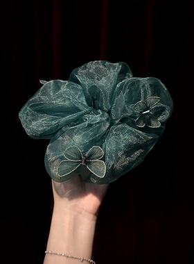 ECHO丨原创手作绿色大肠发圈高级感头饰飘逸薄纱浪漫蝴蝶头花头绳