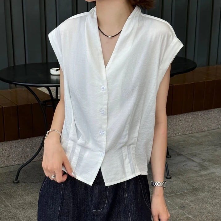 高级感白色亚麻衬衫显瘦V领上衣