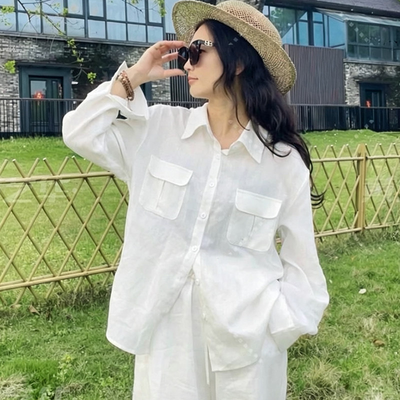天丝亚麻白色防晒衬衫女中长款夏