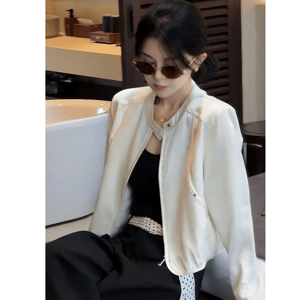 流光缎面白色夹克短外套女小个子气质老钱风松弛感薄款棒球服上衣