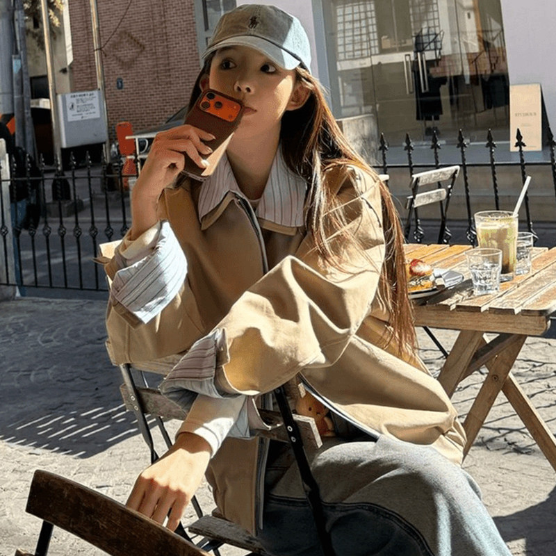 复古巴恩风夹克+条纹衬衫假两件设计感流行短外套女2026春装新款