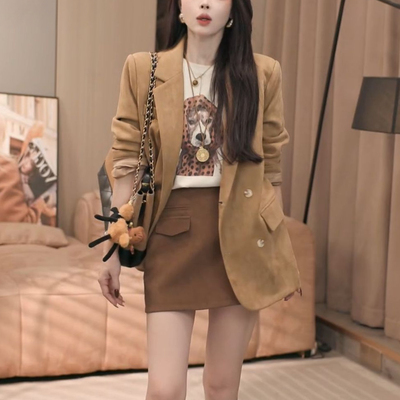 2026春装新款老钱风麂皮绒西装女