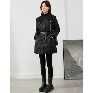 娃娃领黑色羽绒服女中长款2025秋冬新款小个子高级感轻薄保暖外套