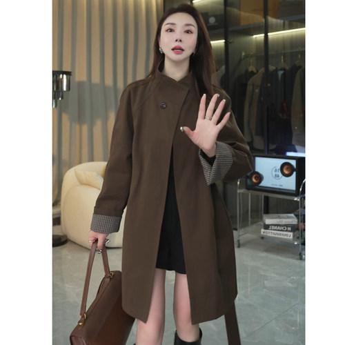 轻熟风格子拼接风衣女中长款外套