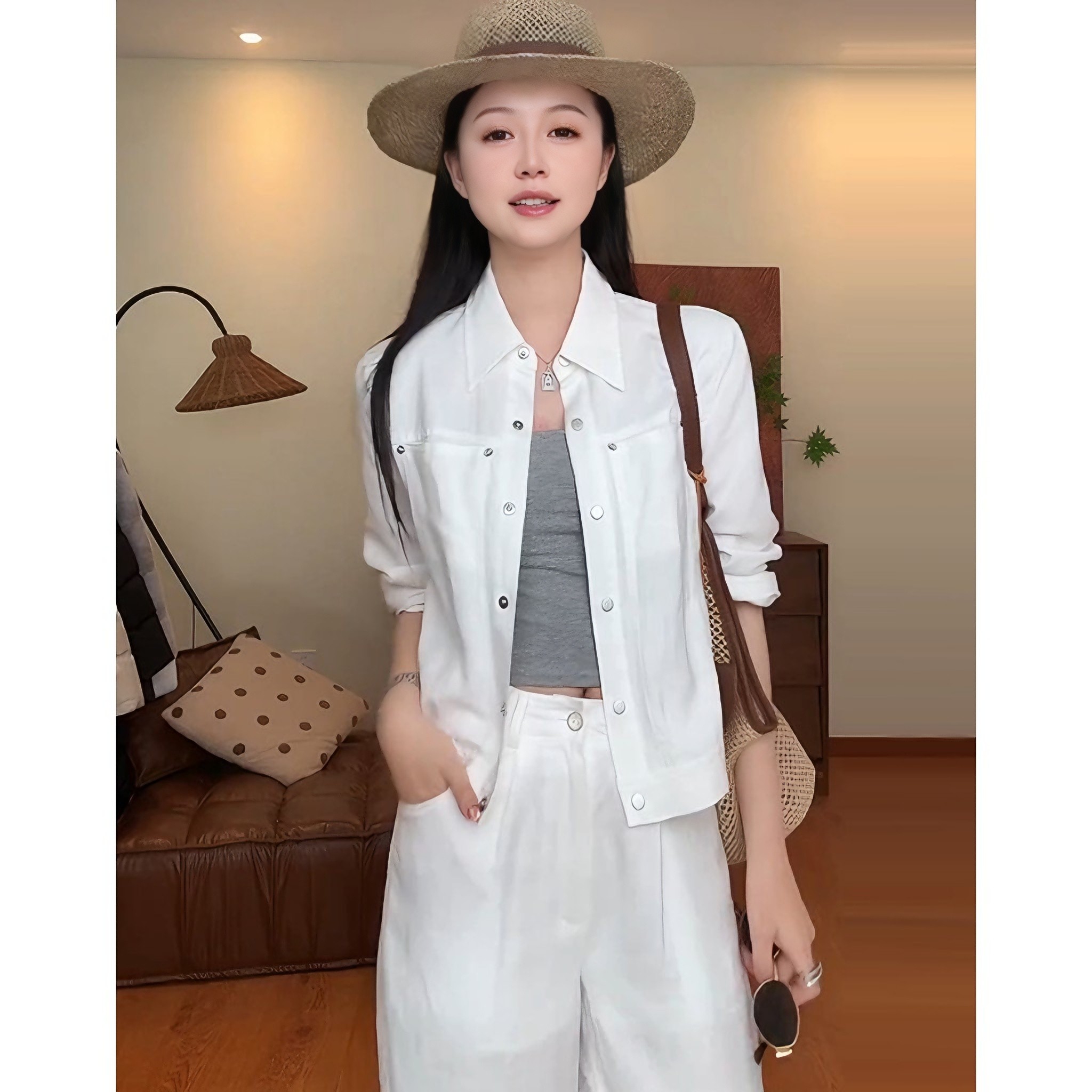 复古港风松弛感显瘦天丝薄款白色夹克上衣+亚麻长裤两件套装女夏