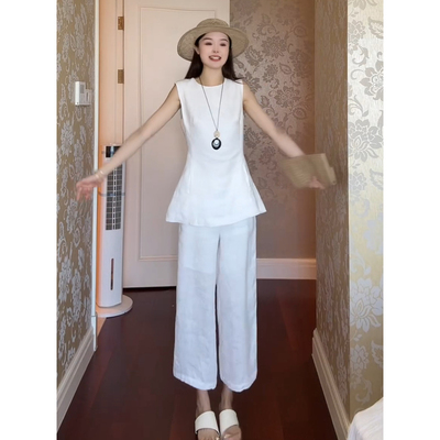 天丝亚麻套装女一整套上衣九分裤