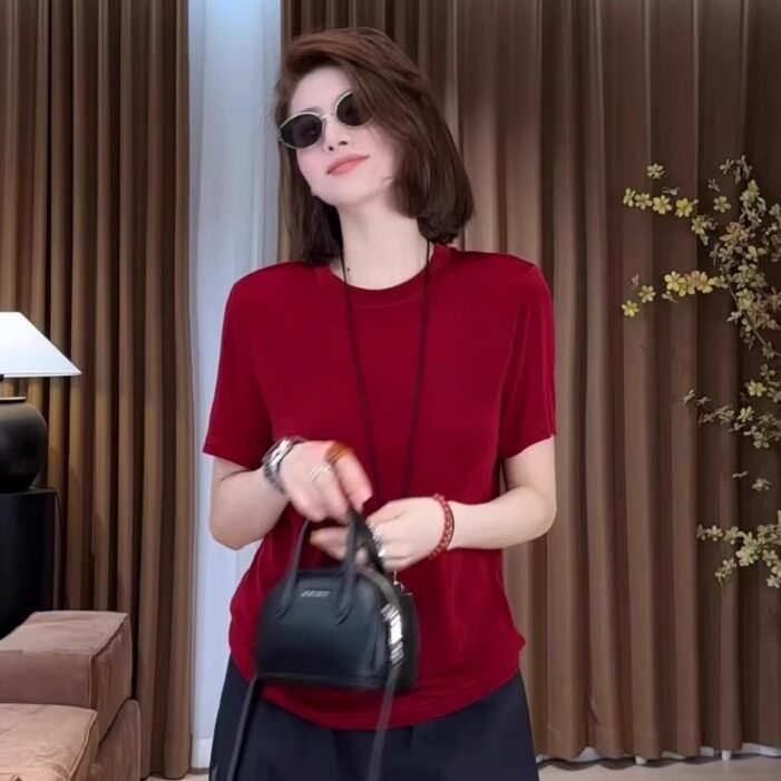 2026夏天新款冰感透气醋酸T恤女短袖百搭洋气显瘦小个子圆领上衣