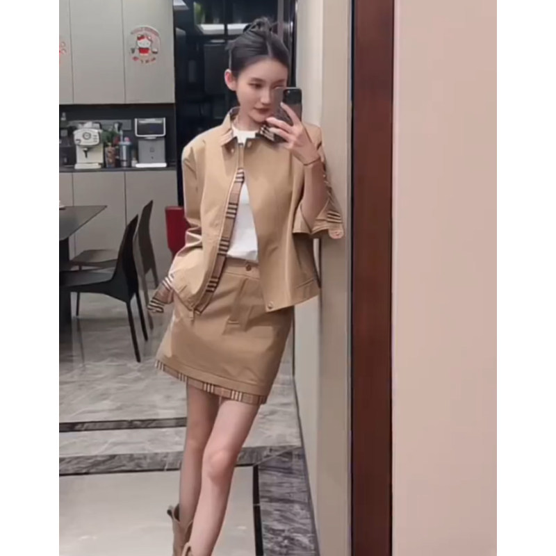 港风卡其色chic复古格纹半裙套装