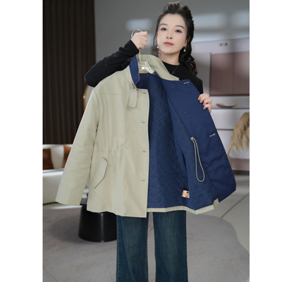 复古格纹加棉厚款夹克风衣女冬装