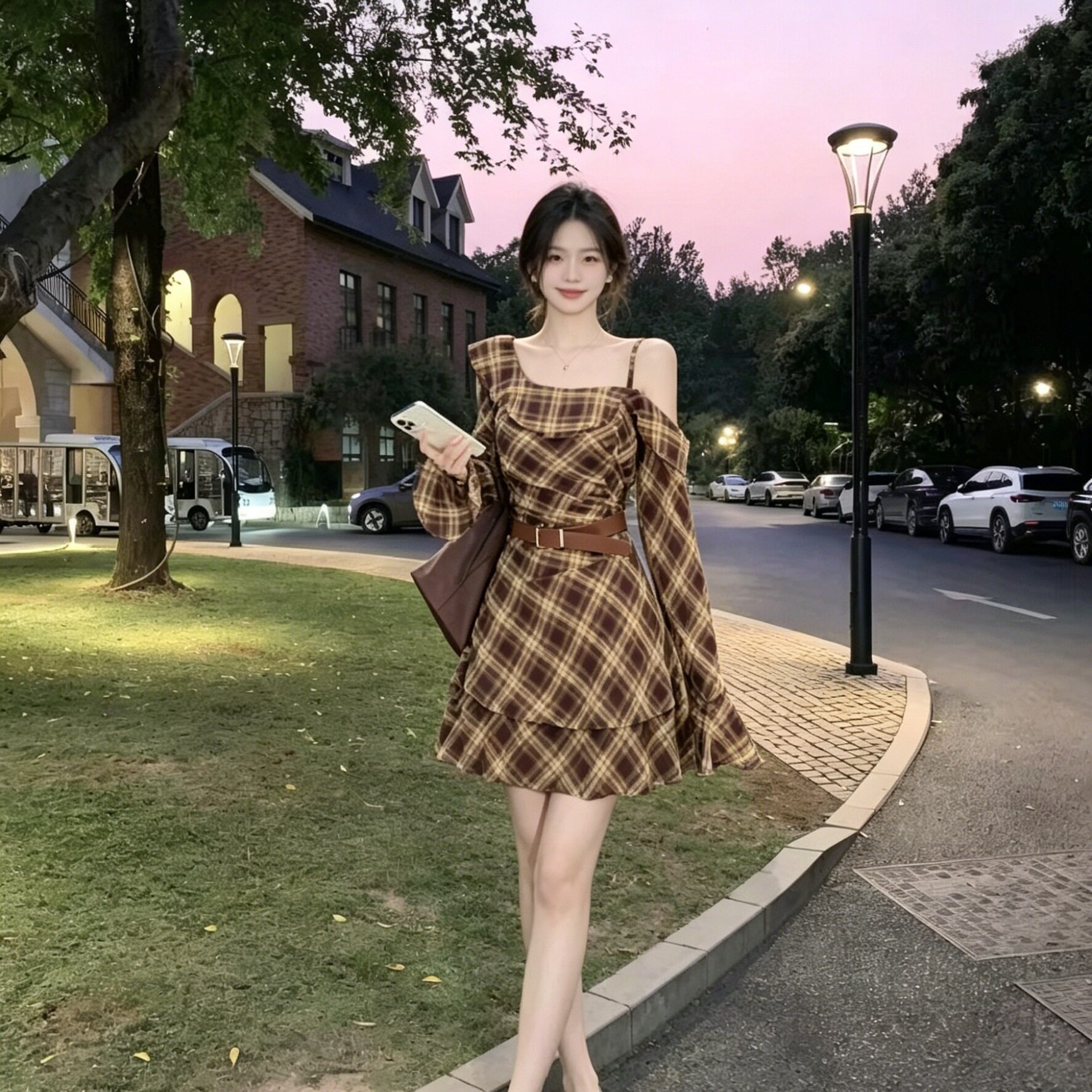 女复古棕黄格纹斜肩吊带连衣裙女长袖收腰配腰带荷叶不规则显瘦裙