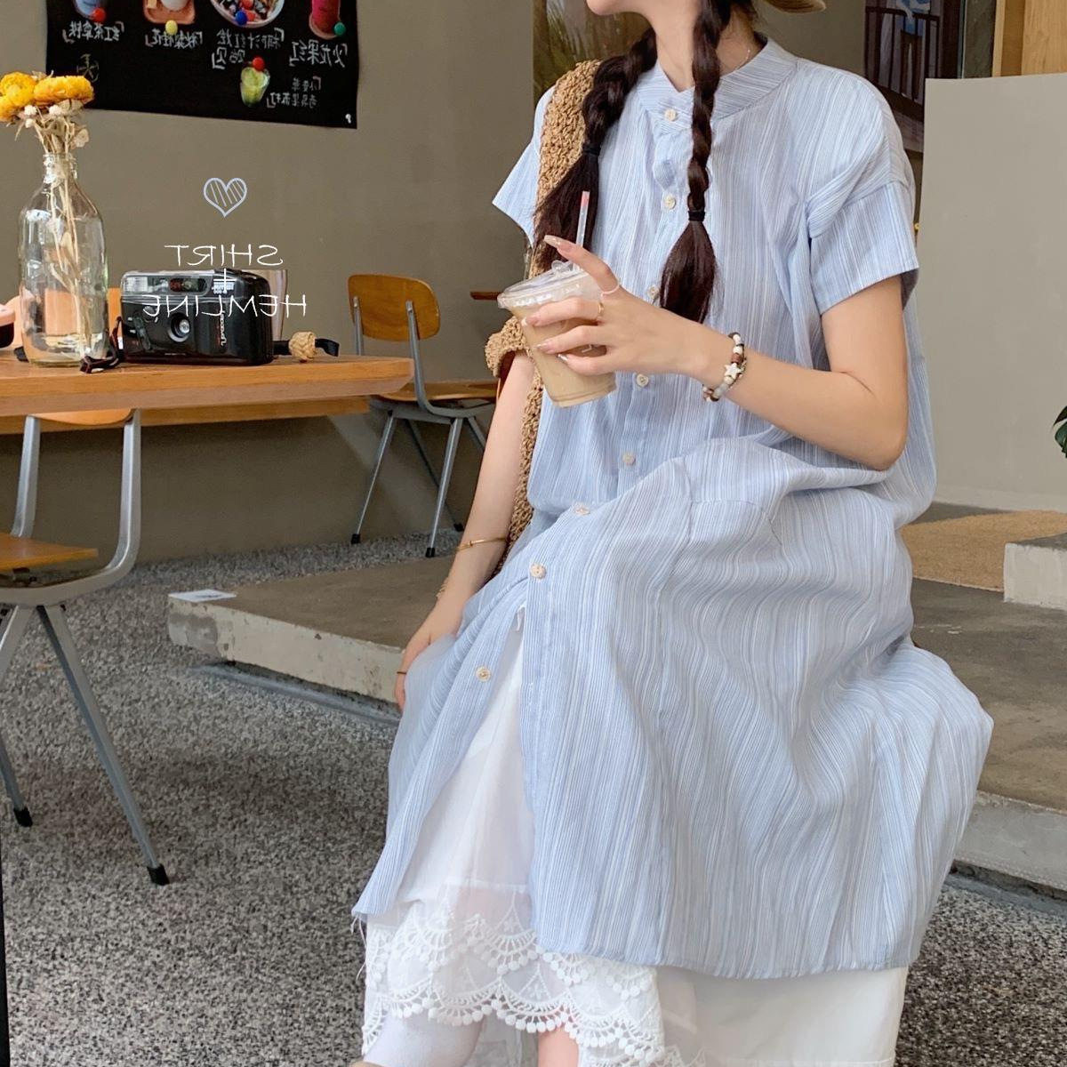 宽松休闲衬衫裙连衣裙女2026秋季新款白色a字半身裙叠穿 两件套装