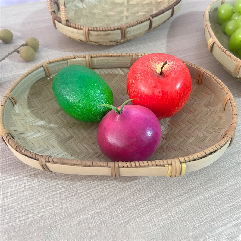竹编篮子烧烤小吃碟 晾晒托盘水果篮 椭圆形家用水果馒头收纳筐