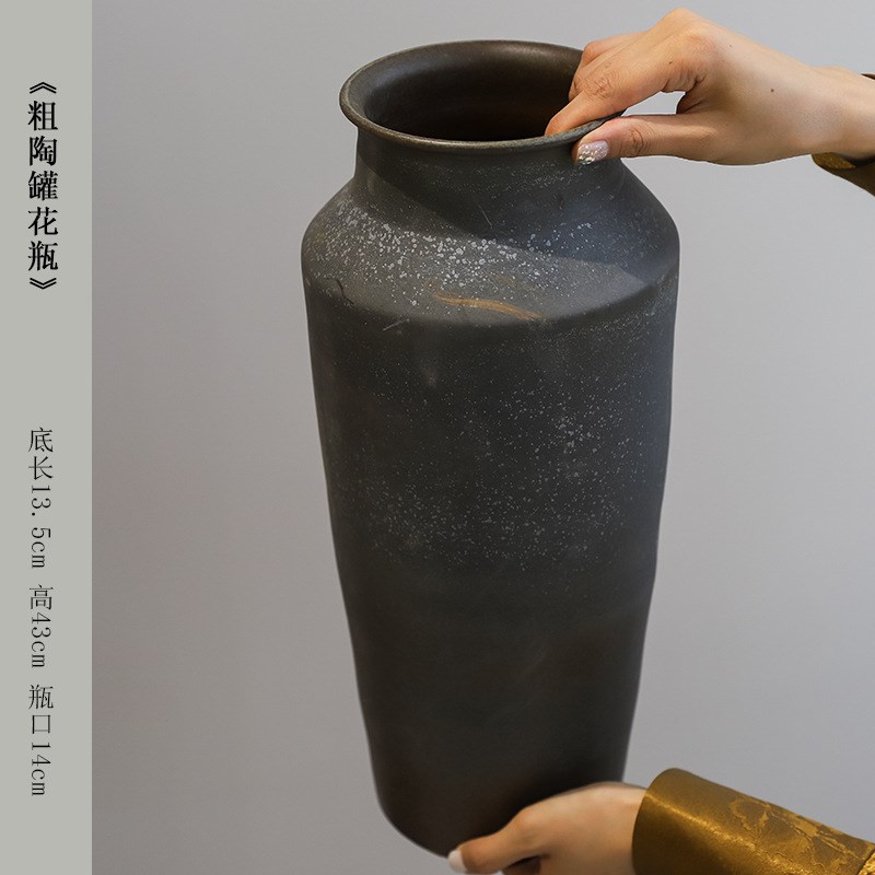 中古风家居摆件纯手工陶瓷花瓶黑色高档落地瓷瓶客厅玄关插花器