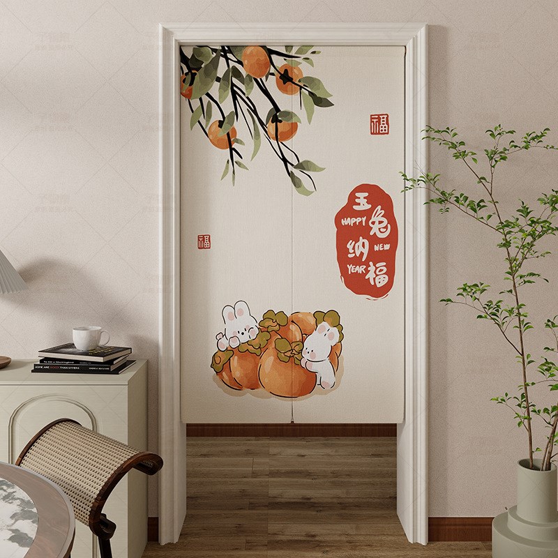 新中式门帘免打孔穿杆遮挡帘棉麻加厚重磅布艺半门帘子卫生间隔断