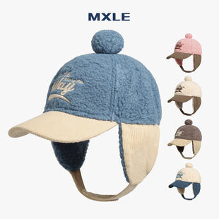 秋冬仿羊羔绒儿童棒球帽男女童笑脸刺绣鸭舌帽骑行护耳保暖雷锋帽