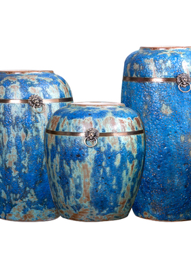 带铜环蓝色泡泡釉陶瓷落地大花瓶 古典中式0.45/0.55/0.65米摆件