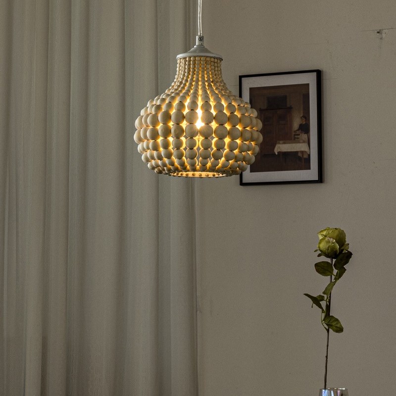 法式乡村木珠单头小吊灯温馨书房卧室床头灯餐厅玄关过道吧台灯