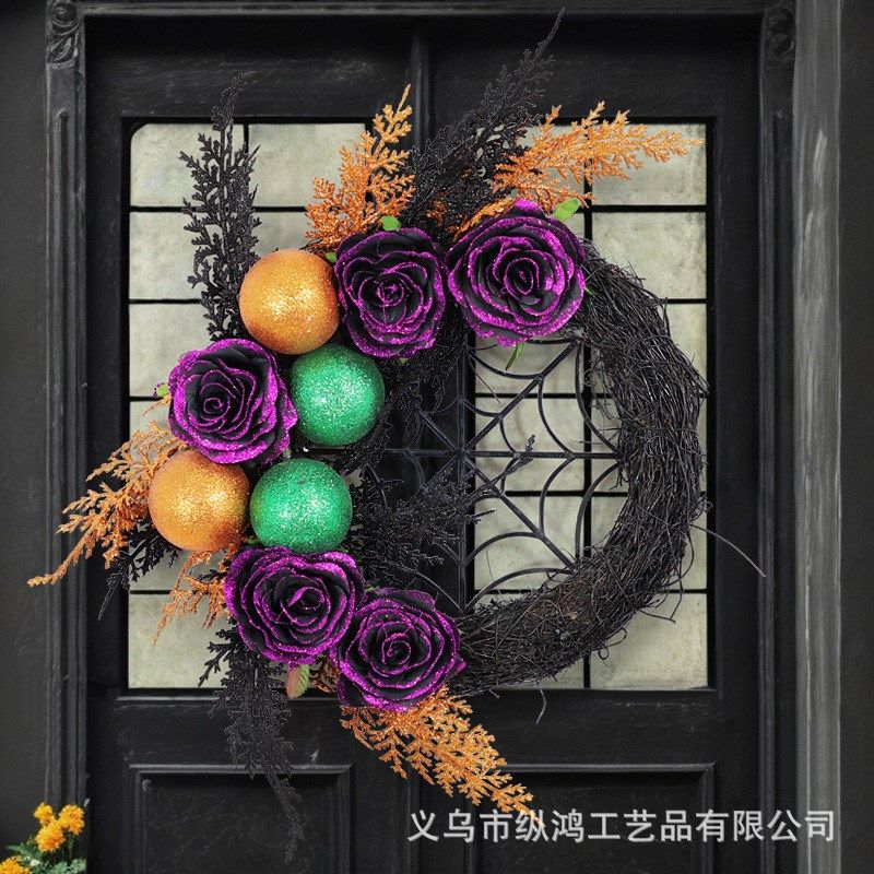 纵鸿万圣节花环蜘蛛网仿真黑玫瑰藤圈装饰挂件鬼节鬼屋装扮门挂