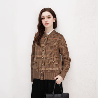 【然姐como_on】100绵羊毛厚款针织开衫经典格纹羊毛衫外套BN958