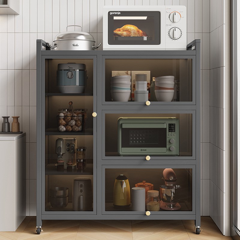 厨房置物架多层落地带门防尘柜家用餐边柜客厅钢制电器碗碟储物柜