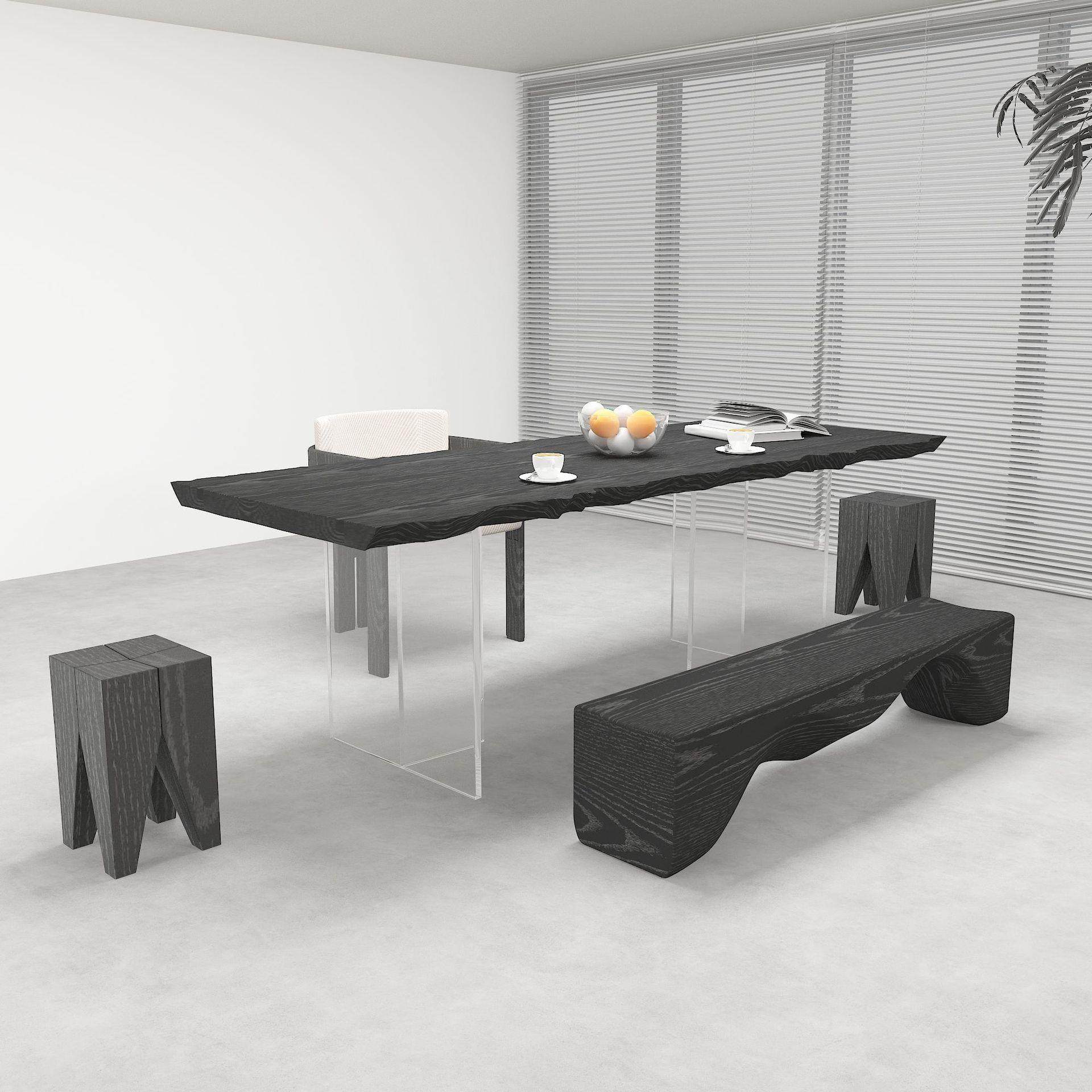 诧寂风碳化黑色实木餐桌原木大板工作台亚克力悬浮洽谈泡茶桌