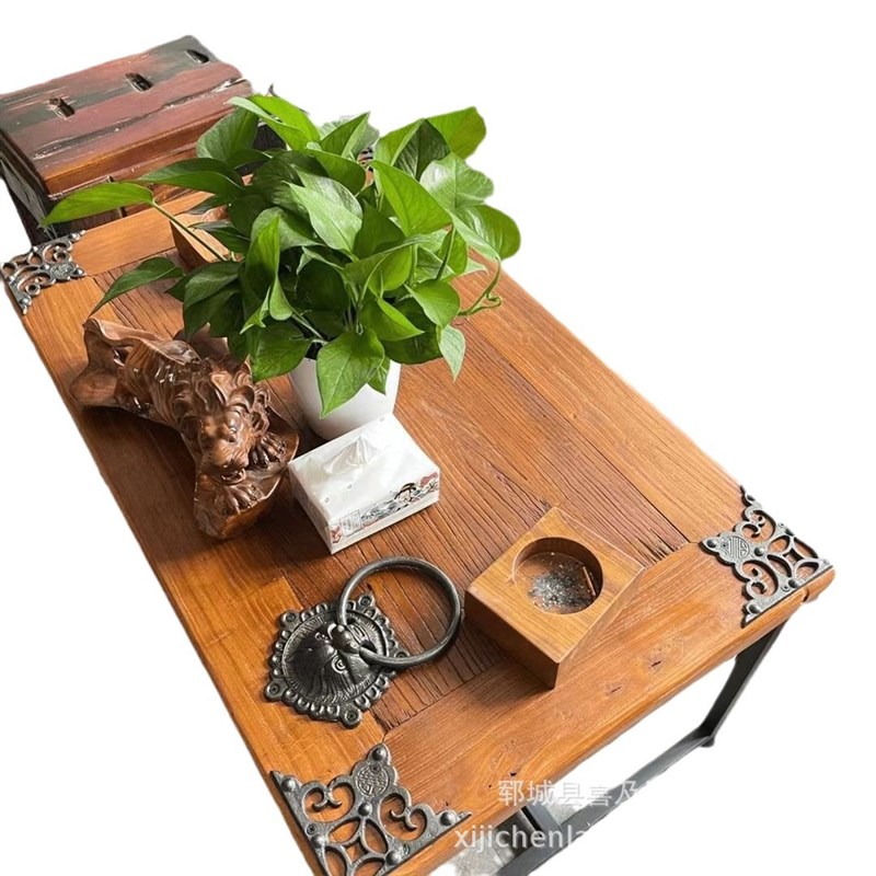 老榆木实木茶桌家用铁角阳台木桌子餐桌办公室喝茶桌椅组合