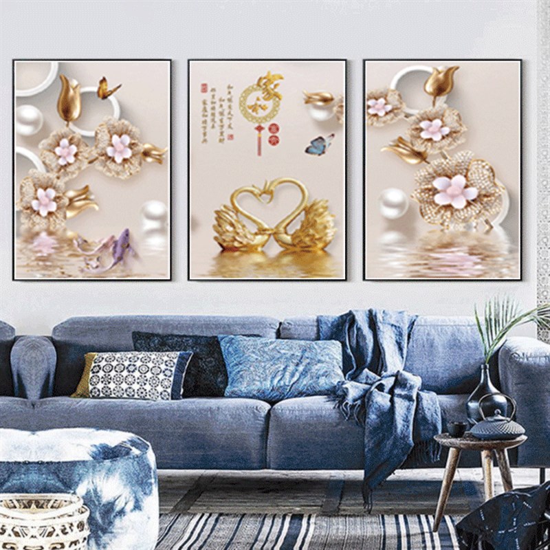 2019新款5D异形炫彩魔方钻石画厂家钻石画厂家家和富贵天鹅三联画