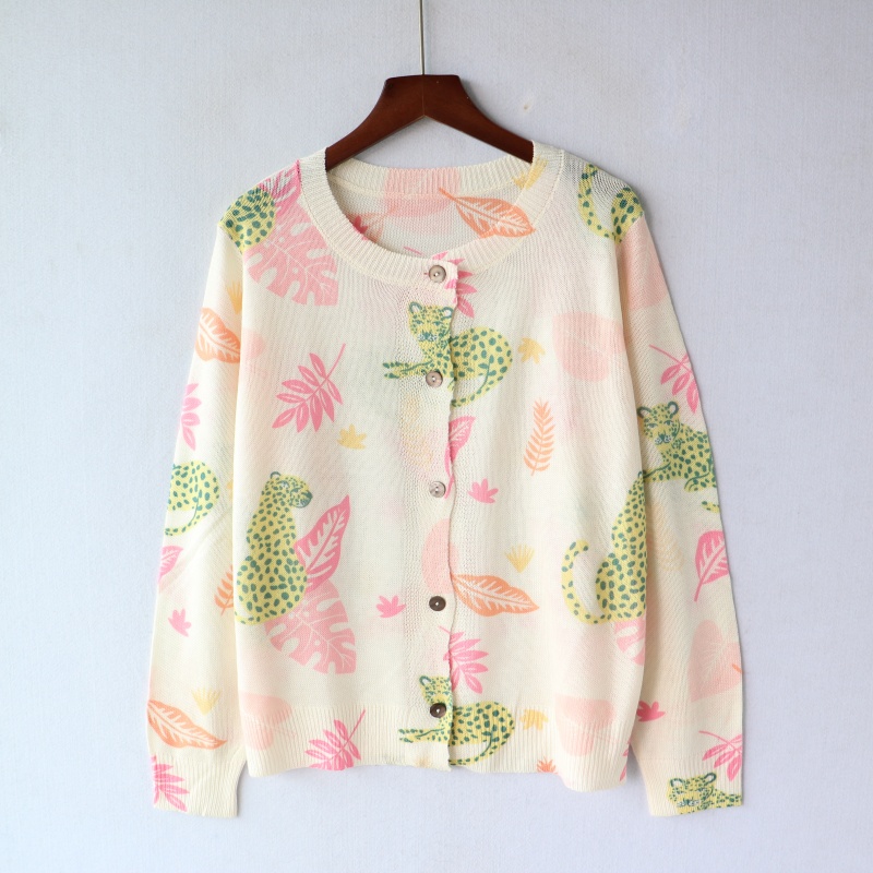 花色新款圆领针织开衫女风晕染印花打底衫气质长袖上衣薄外套春秋