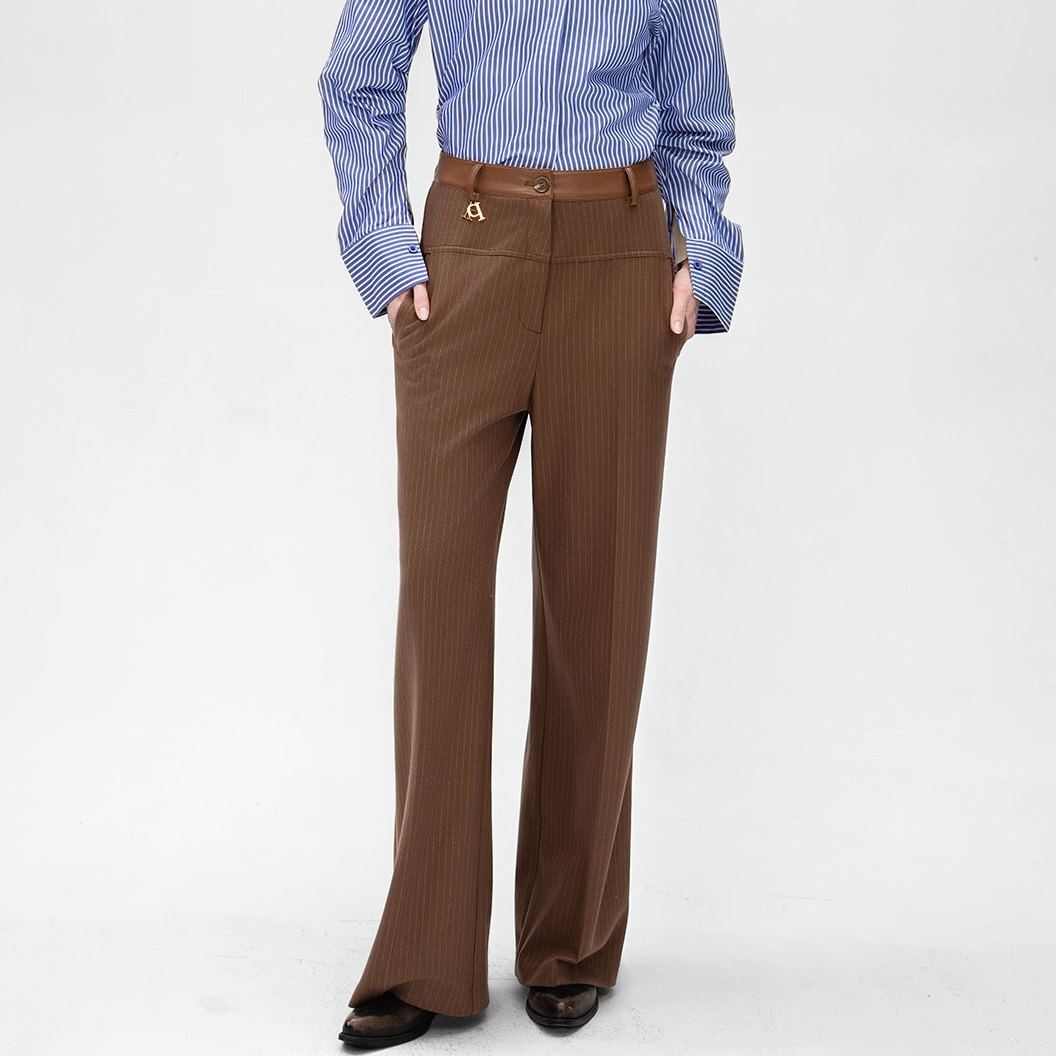 pu梭织简约撞色条纹显瘦直筒裤