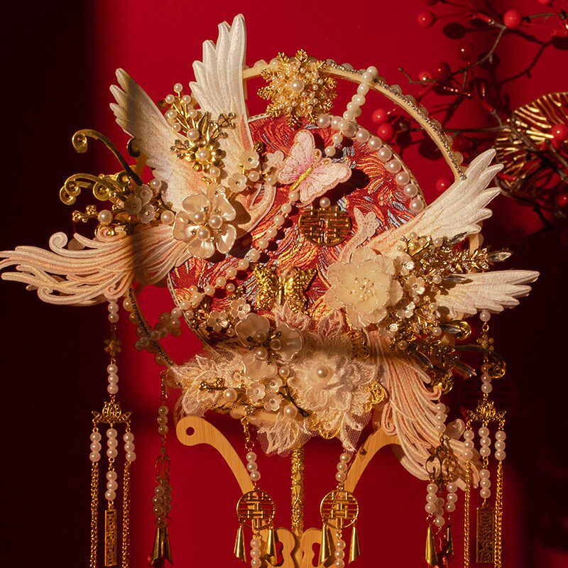 团扇新娘结婚中式重工喜扇秀禾婚礼成品扇子出嫁双面双色纯手工