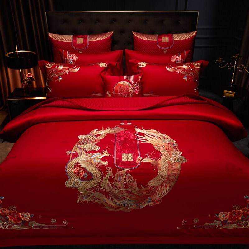 婚庆家纺红色花卉四件套富贵花开牡丹刺绣十件套结婚床上用品陪嫁