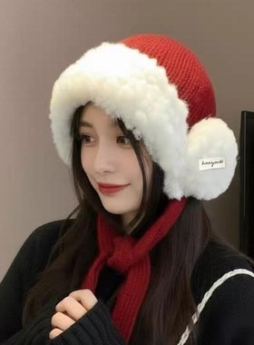 红色加厚毛绒雷锋帽子女秋冬季保暖防寒护耳帽大头围显脸小套头帽