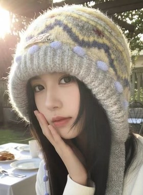 费尔岛复古针织包头帽子女2025新款秋冬显脸小保暖防寒护耳毛线帽