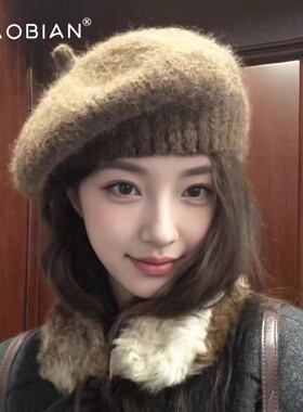 咖色针织贝雷帽女秋冬季韩系复古显脸小蓓蕾帽大头围文艺画家帽子