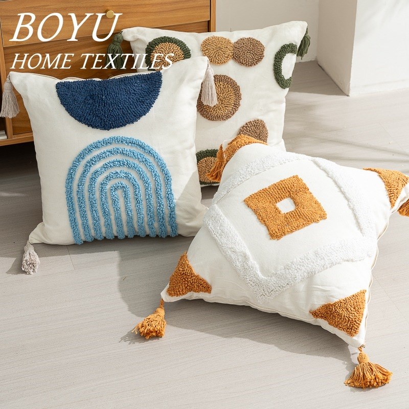 波西米亚风簇绒抱枕圈绒绣流苏抱枕套民宿家居装饰枕沙发床头靠垫