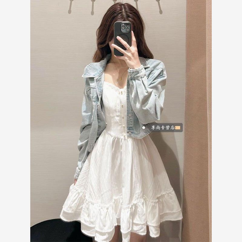 温柔风蕾丝边吊带连衣裙套装女夏季牛仔外套甜美掐腰显瘦a字短裙