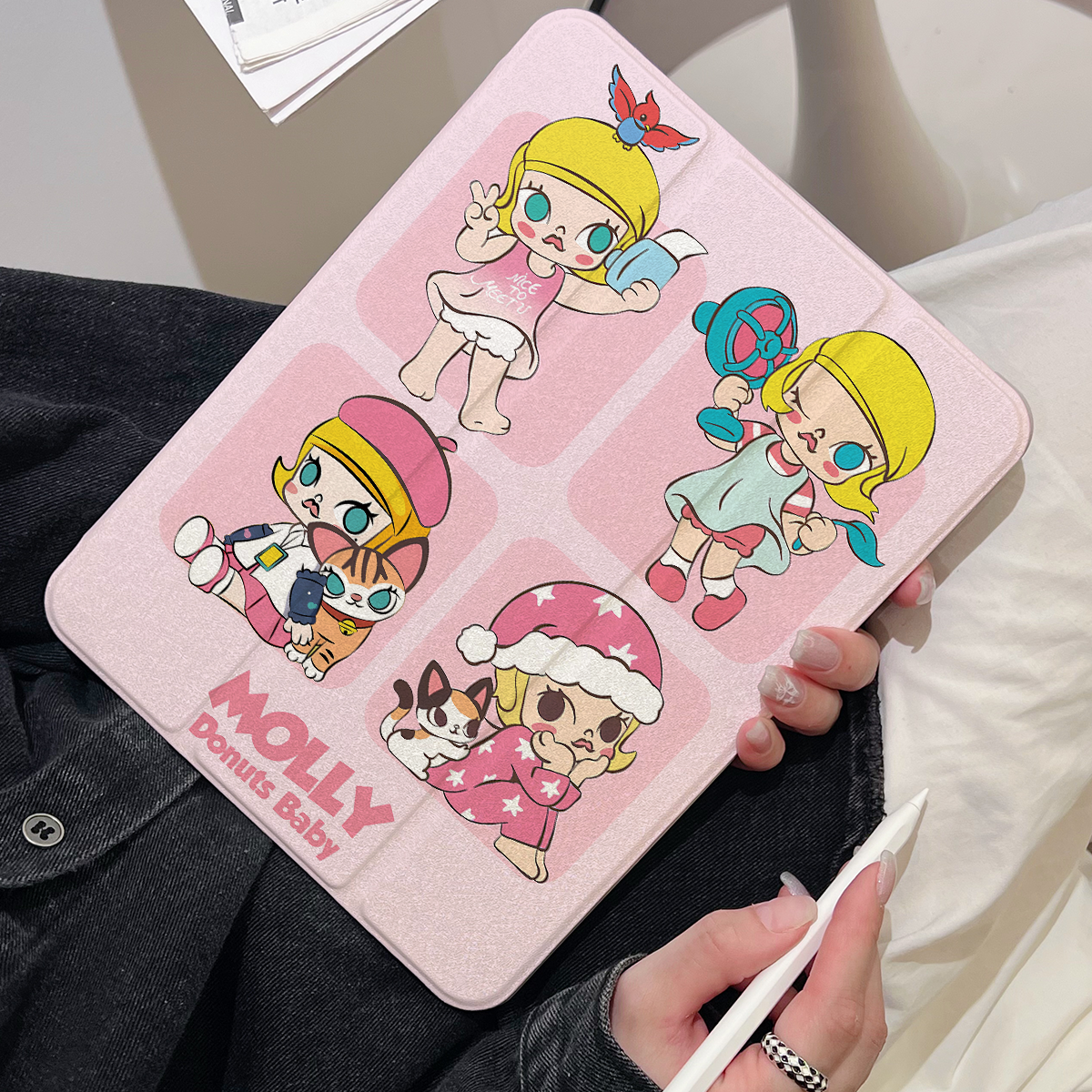 360度旋转适用平板ipad保护壳第ipad12十11代平板保护套pro11英寸亚克力三折Air876全包带笔槽四宫格粉色茉莉