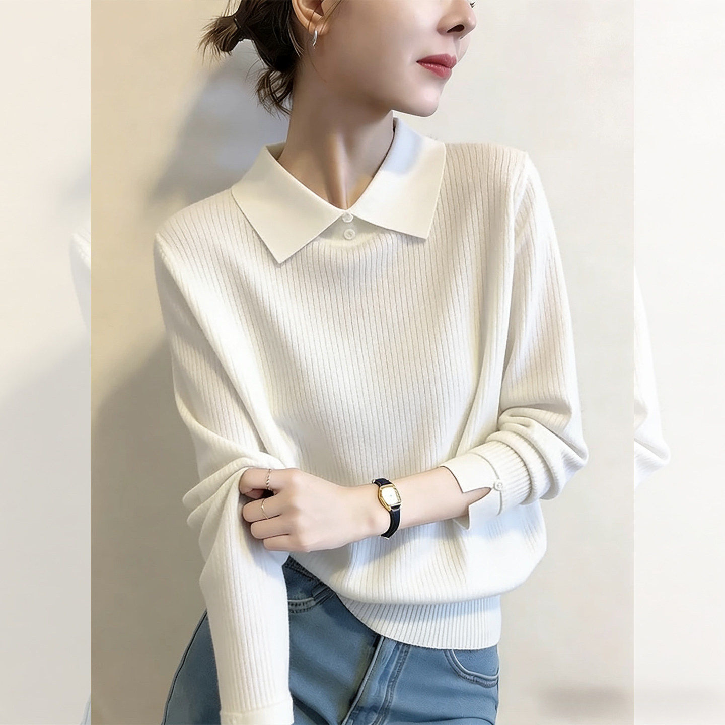 早春秋极简风POLO领韩系穿搭针织衫女内搭高级感长袖T恤打底上衣