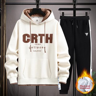 初高中男生和青少年运动套装，秋季和冬季天鹅绒加厚连帽运动衫，