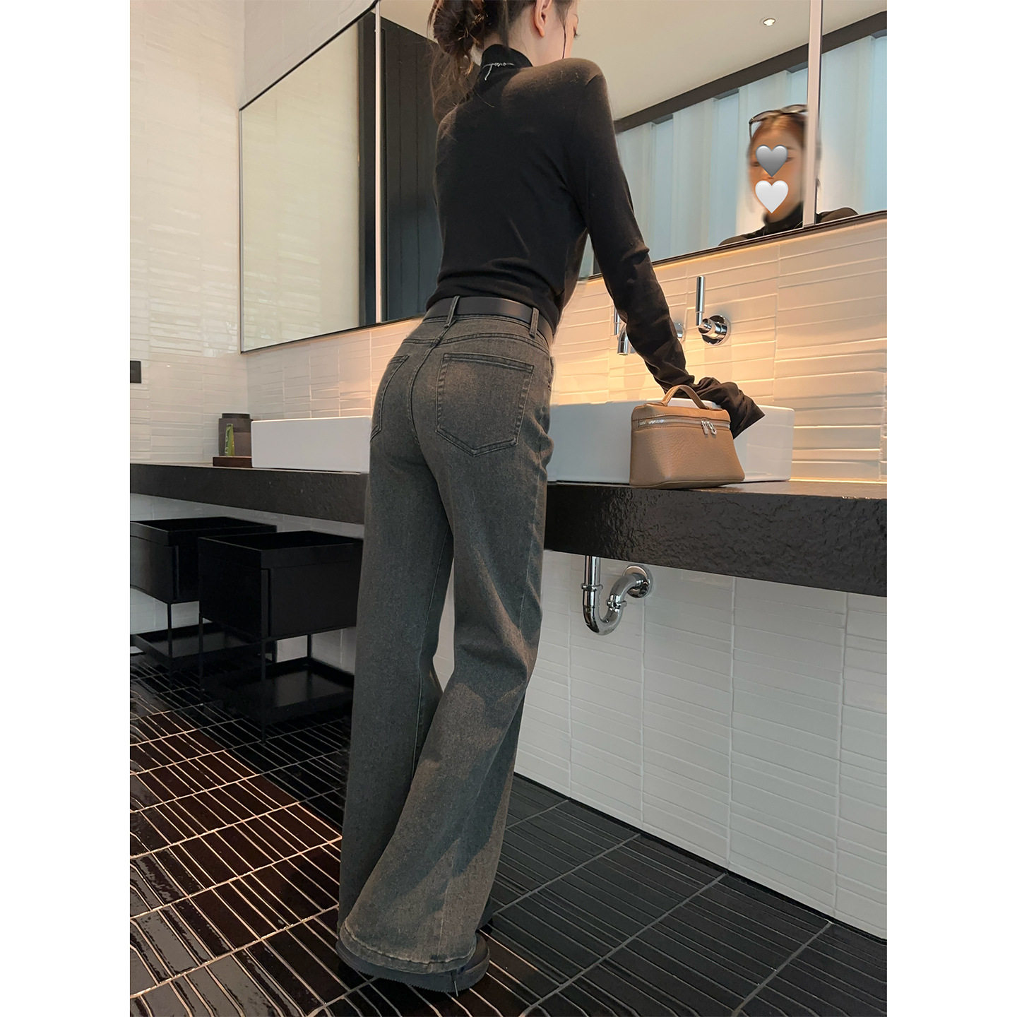 百视旺水洗做旧中低腰牛仔裤女秋冬新款宽松百搭显瘦直筒拖地长裤