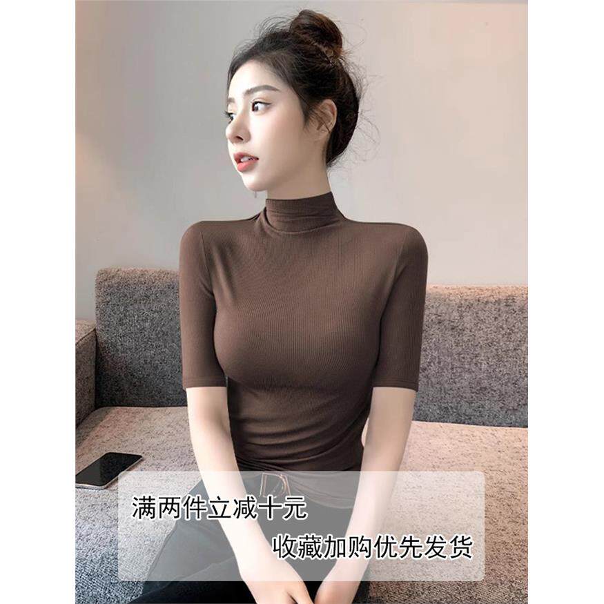 黑色中袖女式t恤，半高领