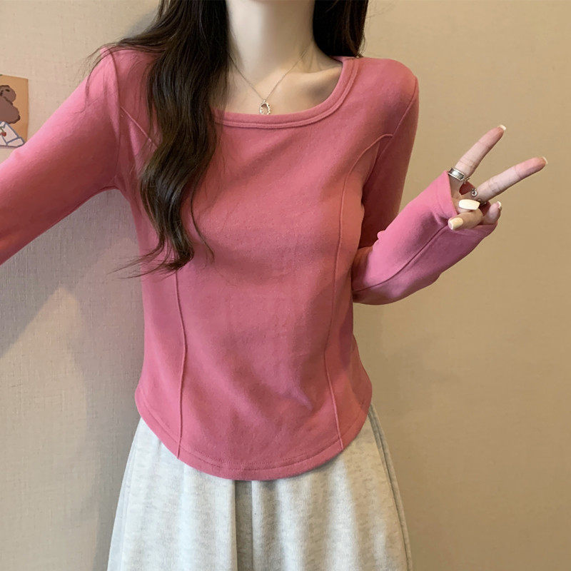 长袖T恤女打底衣内搭2025春季新款u领高级感修身显瘦加绒外穿上衣