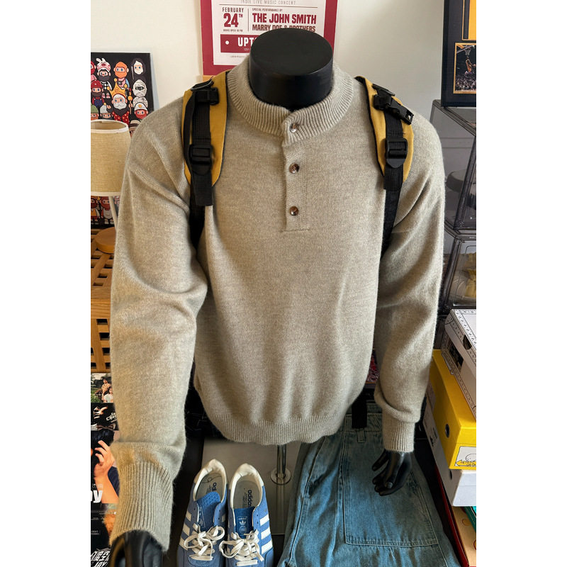 老钱风亨利领毛衣男春秋宽松潮流重磅针织衫潮牌高级感青少年外套