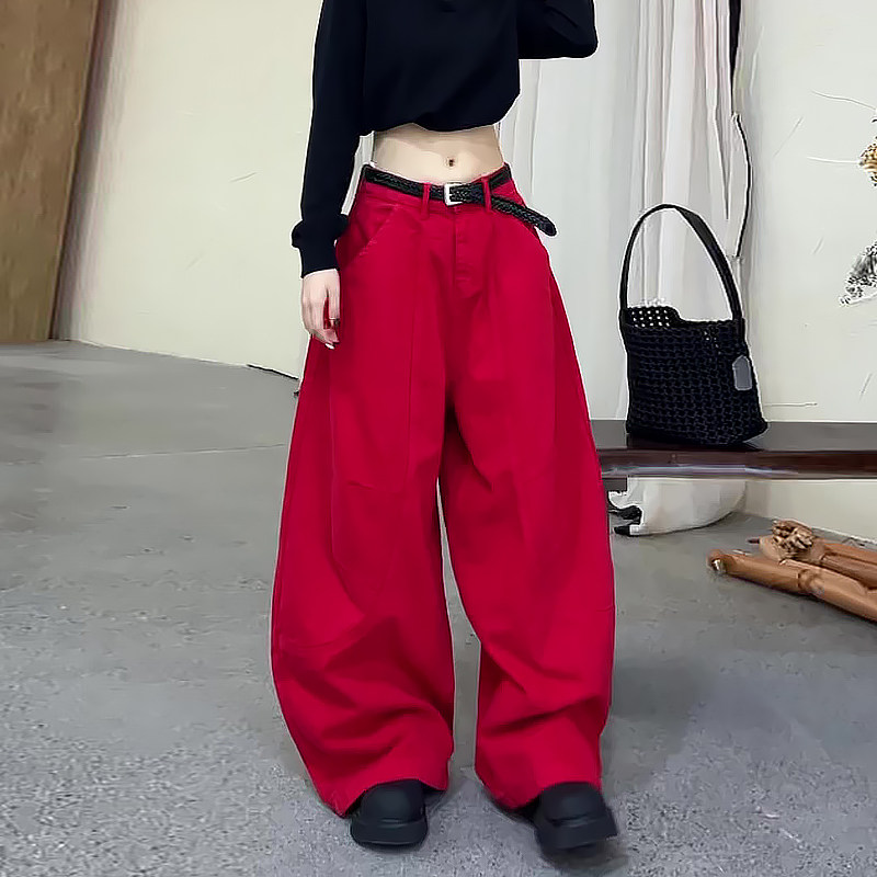 美式慵懒松弛感红色裤子女秋季2025新款大码胖mm宽松弯刀阔腿裤秋