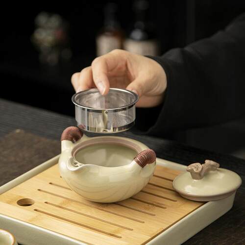 米黄汝窑旅行茶具套组便捷式小一壶两杯干泡盘西施泡茶壶户外露营