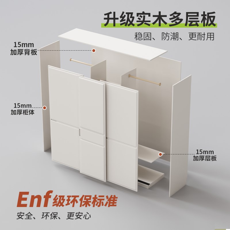 4I实木多层板衣柜家用卧室白色现代简约推拉门柜子Enf级滑门挂衣