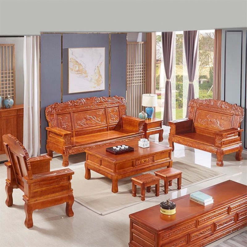实木沙发组合客厅大户型红椿木香樟木农村家用木仿古沙发