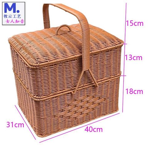 M112家用拜拜篮双层野餐篮拜神专用长方形手提篮子手工编织藤篮