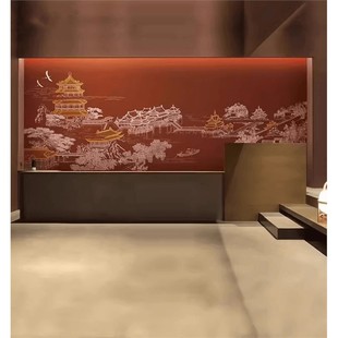 新中式故宫红墙纸中国风墙布浮雕背景墙壁布酒店前台装修饭店壁纸